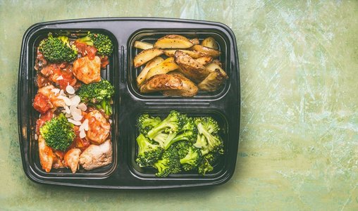 健康均衡的午餐盒，配鸡肉配西红柿酱，青花菜和烤土豆，俯瞰