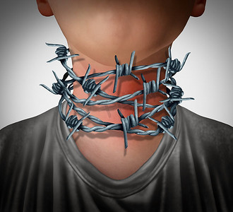 喉咙痛的医学概念是在3D插图风格中，用带刺的铁丝网包裹着人类的脖子，作为痛苦的健康问题的象征。