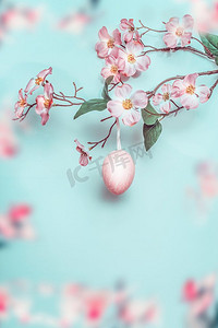 粉色的复活节背景很漂亮。春暖花开的树枝上挂着淡蓝色的粉色复活节彩蛋。复活节贺卡。