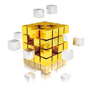 团队合作理念--金属方块组装成金色方块。团队合作抽象概念