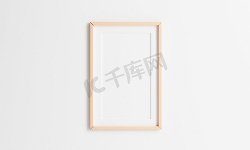 木质相框，挂在白墙背景上。2：3比例相框大小。3D插图红化图形室内设计