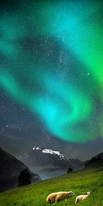 夹心摄影照片_极光，极光。星河夹心牛奶巧克力。山里的山羊。在风景如画的挪威峡湾。极光，极光
