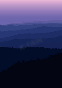风景传染媒介在山的山剪影视图Sierra层森林紫色的天空黄昏黑暗在早晨，垂直的自然山