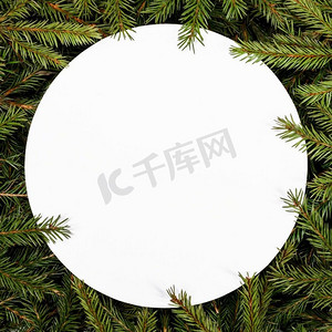 天然冷杉圣诞树圆形边框孤立在白色，复制文本空间。冷杉树枝框架在白色