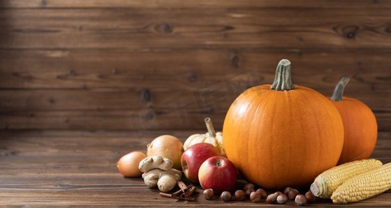 秋收静物，木质背景上有南瓜、苹果、榛子、玉米、生姜、洋葱和肉桂。木桌上的秋收