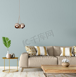 现代客厅内部，米色沙发，咖啡桌靠在蓝色墙上，复制空间3D渲染