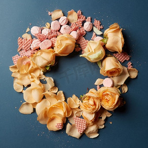 蒂芙尼玫瑰金戒指grp07019摄影照片_心形华夫饼和玫瑰花瓣