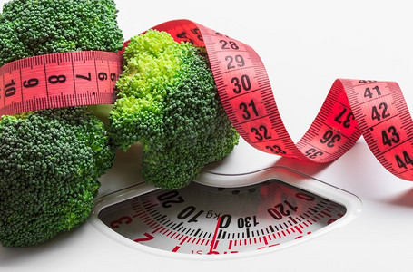 鳞片摄影照片_节食健康饮食减肥概念。特写绿色西兰花与卷尺在白色鳞片