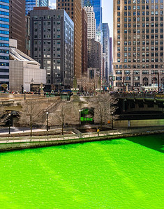 在美国伊利诺伊州芝加哥市中心的圣帕特里克节上，沿着绿色染色河建造的芝加哥天际线