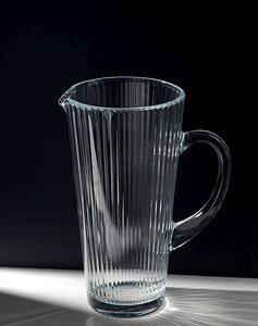 器皿摄影照片_饮料和玻璃器皿概念—空的多面玻璃壶在桌子上在黑色背景。空的平面玻璃壶在桌子上