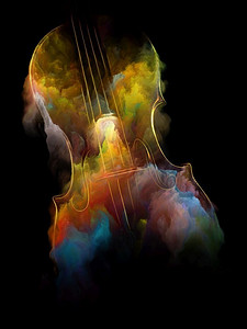 以音乐、歌曲和表演艺术为主题的小提琴线条和彩色星云彩绘插图。小提琴之梦系列。