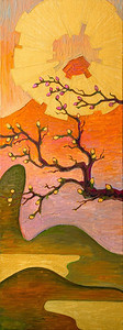 樱花与金色太阳一幅以樱花、金色太阳和富士山为背景的油画。