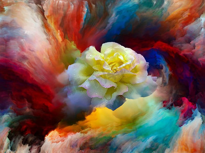 绽放玫瑰在彩色油漆的漩涡作为背景的艺术，创造力和想象力的主题。自定义背景系列。