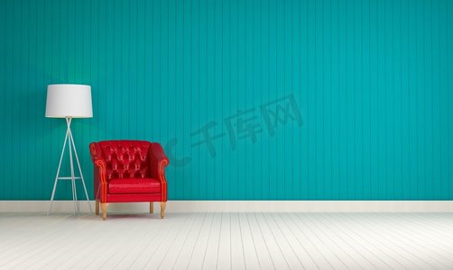 红色复古沙发在房间3d渲染
