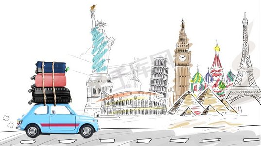 开车旅行。环游世界。蓝色复古玩具车，旅行箱驶过著名的古迹。