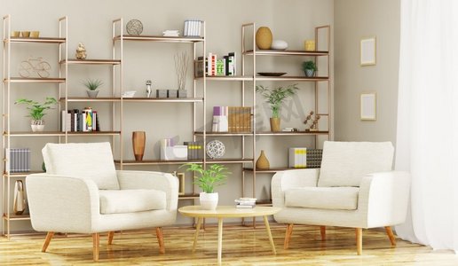 带扶手椅的现代起居室室内3D渲染