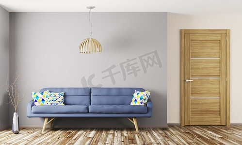 门、木门摄影照片_蓝色沙发和木门3D渲染客厅的现代室内设计