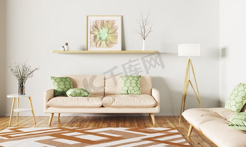 淘宝详情页沙发摄影照片_客厅的现代室内设计，包括沙发、架子、地毯和落地灯的3D渲染
