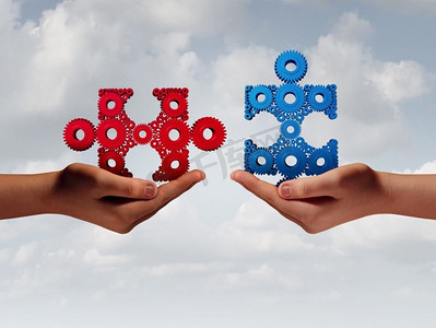 商业解决方案人们用双手构思，用3D插图元素组装成一个由齿轮组成的拼图游戏。