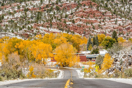 季节更迭，美国科罗拉多州潮湿的高速公路上，初雪和秋树。