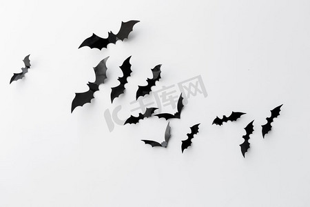 万圣节和装饰概念--黑色纸蝙蝠在白色背景上飞翔。白色背景上的黑纸蝙蝠