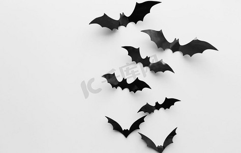 万圣节，装饰和可怕的概念-黑色蝙蝠飞越白色背景。白色背景上蝙蝠的万圣节装饰