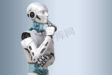 cyborg摄影照片_一个沉思的机器人。3D插图。思考机器人。3d例证