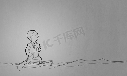 卡通漂浮摄影照片_卡通滑稽小人。滑稽商人的漫画，桨在船上漂浮