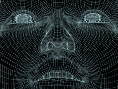 3D渲染的人的头部在金属丝网用于插图的技术，教育和计算机科学