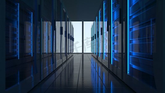 学术托管摄影照片_计算机网络安全服务器机房数据中心服务器机架。3D渲染深蓝色