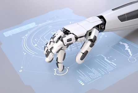 机器人的手与未来触摸屏工作。’ 3D插图。机器人的手与未来的触摸屏工作’