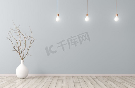 空的房间内部背景，有分支的白色花瓶在木地板和电灯泡Ober蓝色墙壁3d翻译