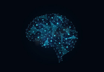 数字人脑。暗色背景下的数字蓝色网格大脑