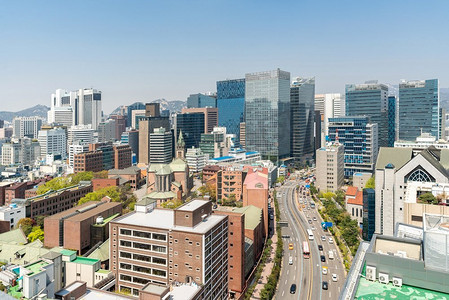 韩国首尔明洞市中心城市景观鸟瞰图