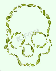 生态理念。绿色背景上的头骨形状的绿叶图案。很健康。头骨形状的绿叶图案