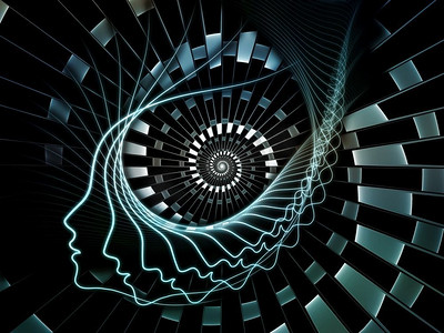 《心灵的螺旋》系列。关于科学思考和教育主题的人类头部轮廓和抽象的轨道结构。