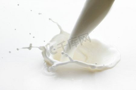 倒牛奶。倒牛奶飞溅孤立在白色背景宏观