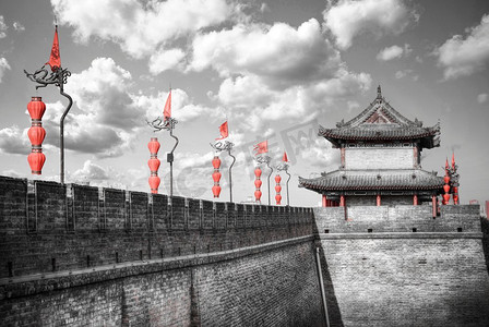 西安城墙。中国建筑最大的纪念碑。黑白照片