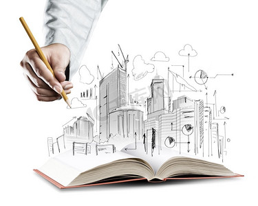 建筑业。翻开书本和手绘建筑草图