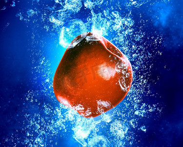 碧蓝航线摄影照片_新鲜水果。红苹果掉进碧蓝的水里