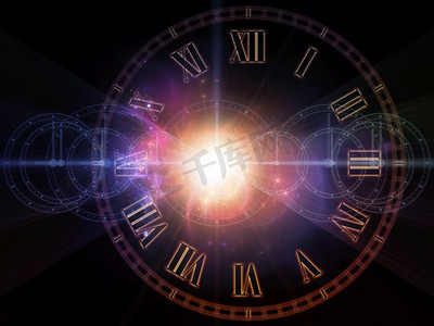 时空。时间序列的面孔。以科学、教育和现代技术为主题的钟表和抽象元素的排列