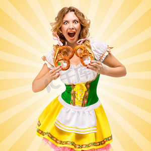 快乐，兴奋，性感的啤酒节女人穿着传统的巴伐利亚连衣裙，拿着两个椒盐卷饼，五颜六色的抽象卡通风格的背景。