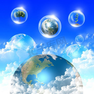 云彩气泡摄影照片_抽象的泡沫对蓝天和云彩。环保的象征。拼贴画。