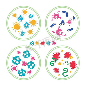 培养皿中五颜六色的细菌。培养皿中的彩色噬菌体病毒和免疫细菌，载体图