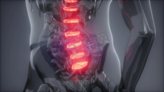 脊椎背痛。人体脊椎骨骼的科学解剖扫描发光。背部骨痛
