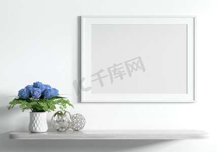 木架上方空白模型海报，白色墙壁上有一束鲜花，室内装饰背景3D渲染