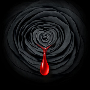 犯罪的激情和由极端情感造成的悲哀，就像一朵流血的黑玫瑰在3D插图风格中。