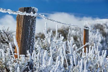 季节变化，风景与白霜在围栏上 