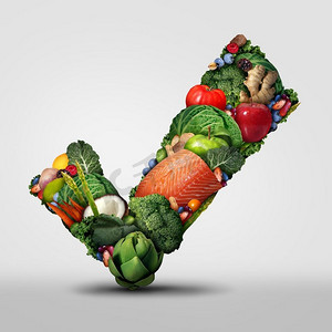 推荐摄影照片_批准的健康食品和生有机新鲜食品的符号，作为以蔬菜、水果、坚果、鱼和豆类为饮食图标的复选标记。