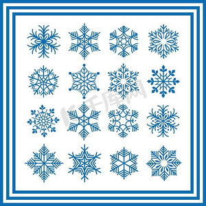 蓝色雪花系列。白色上孤立着蓝色的雪花。向量雪花收藏